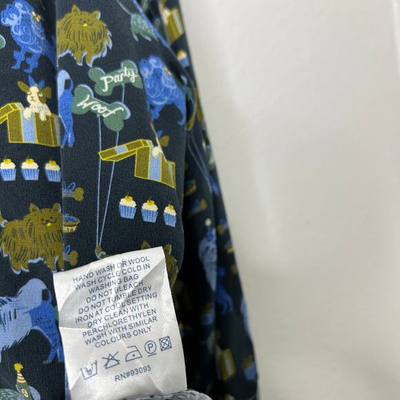 Tyler Boe Halprin Silk Whoof Dog Party Print Button Up Shirt Blue Green Large - Picture 9 of 11